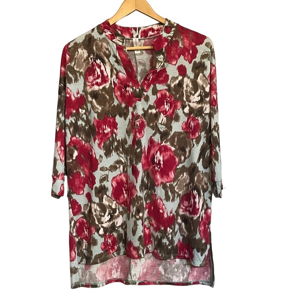 Honeyme Top Floral 3/4 Sleeve Tunic Blouse Sz Small Stretch Boho V Neck Womens